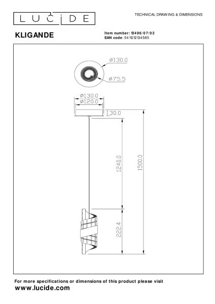 Lucide KLIGANDE - Suspension - Ø 13 cm - LED - 1x9W 2700K - Or Mat / Laiton - technique